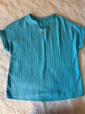 Aqua Blue Breezy Textured Short Sleeve Blouse